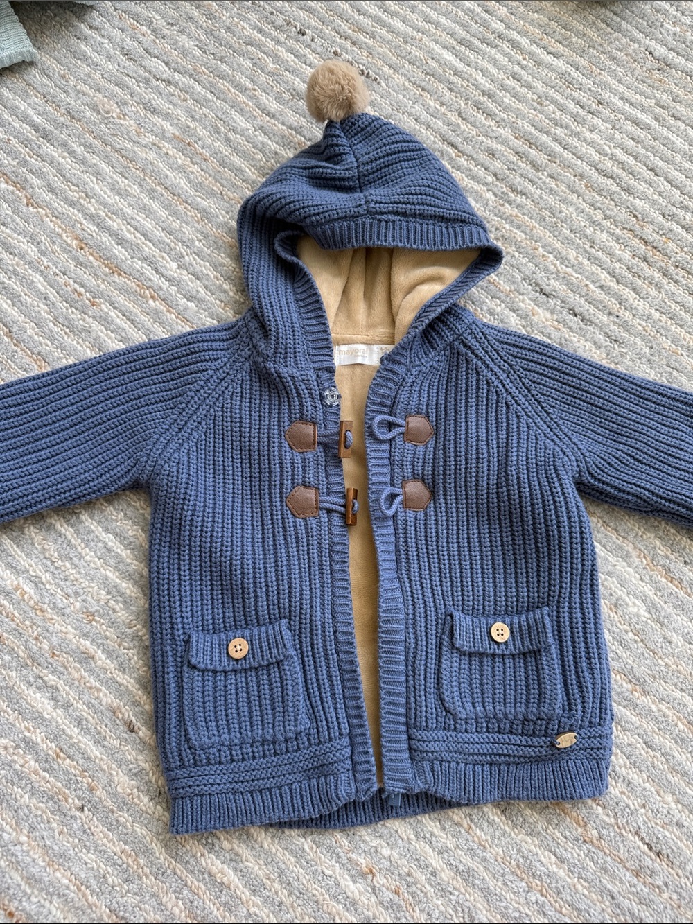 Mayoral Blue Knit Hooded Coat with Tan Lining